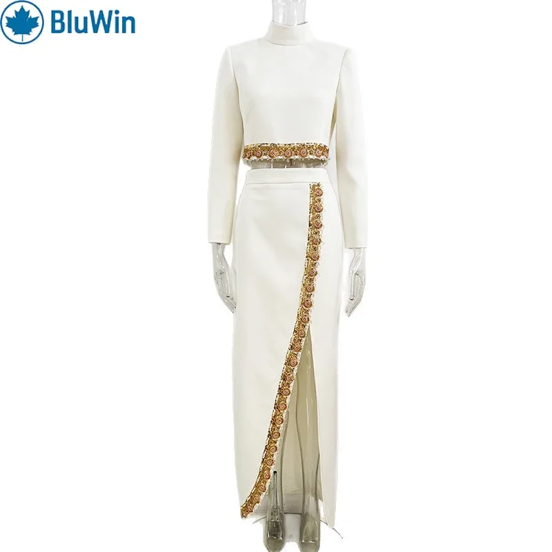 

BluWin Elegant Two Piece Set Women White High Neck Long Sleeve Crop Top and Slit Maxi Skirt Beaded Trim Evening Party