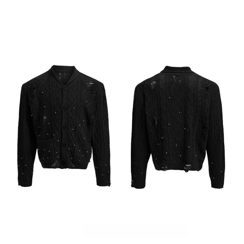 2025 Autumn New Fashion Pearl Design Sweaters Hollow Out Knitted Cardigan Long Sleeve Coats Male Handsome Solid Color Knitwears