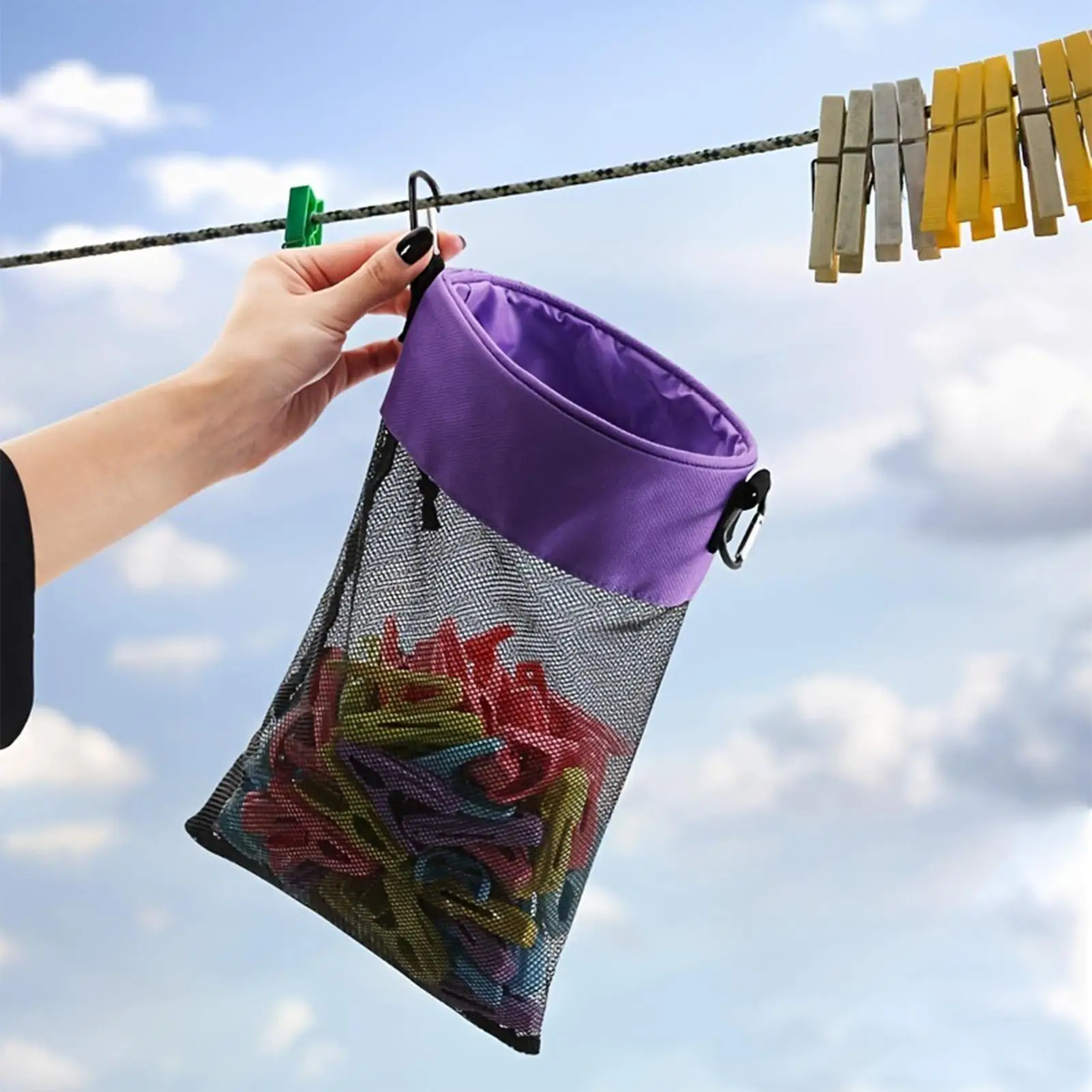 Large Capacity Clothespin Storage Bag Hanging Grid Outdoor Drawstring Clothespin Organization Bag Household Supplies