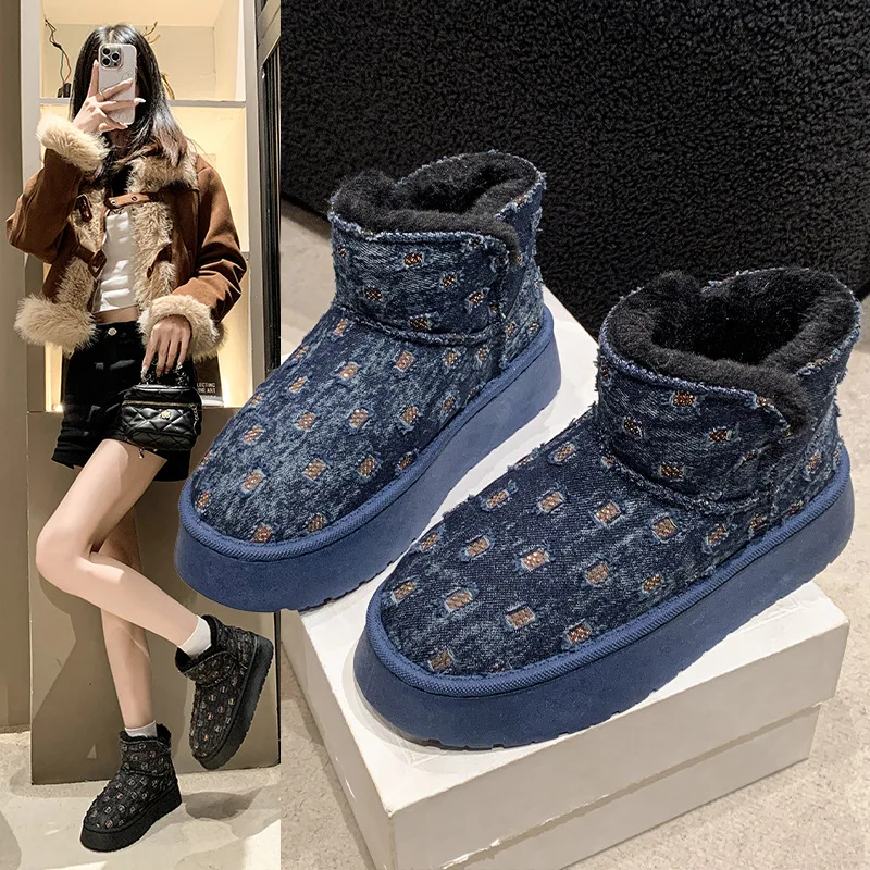 Mid-calf Snow Boots Women Short Tube Cotton Shoes Winter Warm Flocking Thickened Waterproof Bread Shoes Simple Style