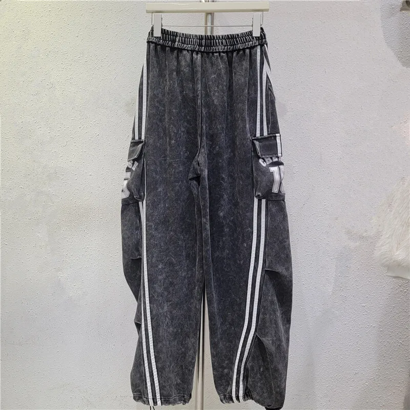 HKSH ربيع الخريف جديد المرأة Sweatpants مرونة الخصر التباين اللون متعدد جيب أنيقة موضة عادية بنطال رياضي HK13504