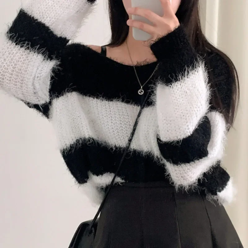 EVNISI Autumn Winter Women Striped Patchwork Sweater O-Neck Long Sleeve Mohair Elegant Pullovers Warm Loose Sweater Jumpers 2024