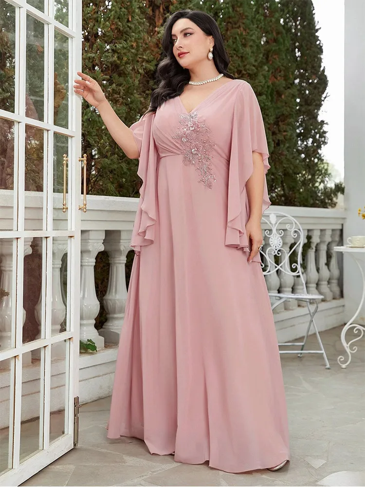 Plus Size V Neck Shawl Pink Chiffon Bridesmaid Evening Dress 4XL 5XL Big Size Plus Size Summer Banquet Evening Dress Women 2024