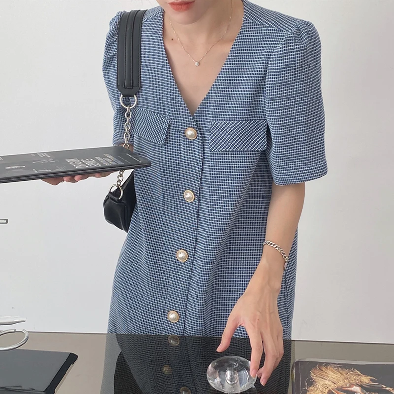 Elegancki, wyszczuplający krój V, luźny fason A-line z perłowymi guzikami, damski koreański styl, do pracy, na co dzień, na lato.