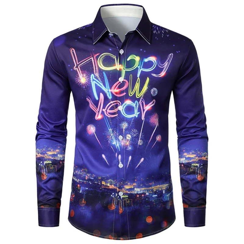 3D Printed Fireworks Balloon Hawaiian Shirts For Men Happy New Year Pattern Aloha Shirts Loose Long Sleeve Blouse Lapel Tops