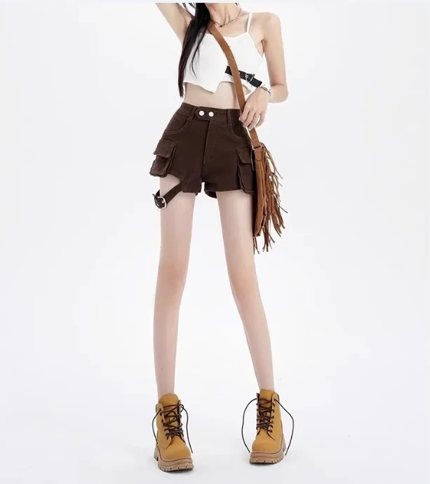 Denim Shorts Women Vintage Solid Color Ladies High Waist Wide Leg Trousers Fashion Pockets Simple Buttons Streetwear Summer