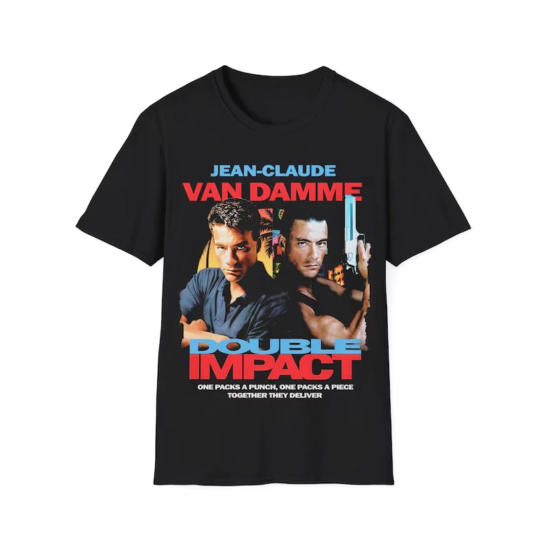 Double Impact T-Shirt – Retro 90s Action Movie Nostalgia Tee T Shirts for Men