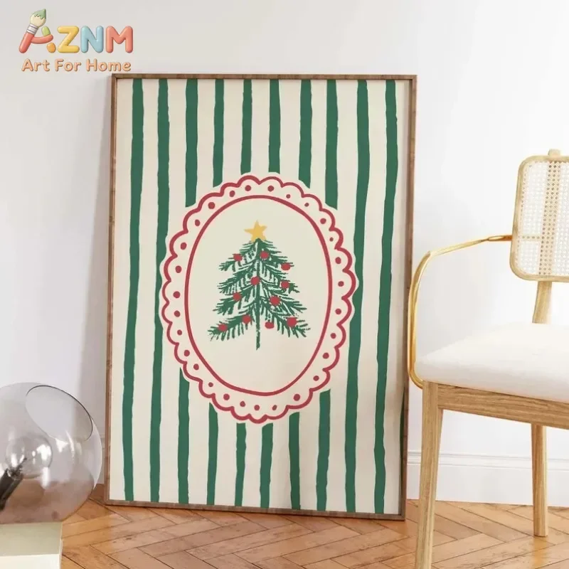AZNM Retro Christmas Tree Canvas Wall Art, Green Striped Xmas Poster Print, Frameless Canvas Painting for Holiday Home Wall Deco