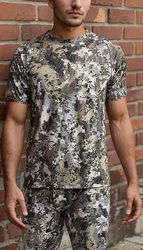 Ainfad Men's Quick-Drying Printed Camouflage T-Shirt Short Sleeve Summer Hunting Wear Outdoor Camo Tee