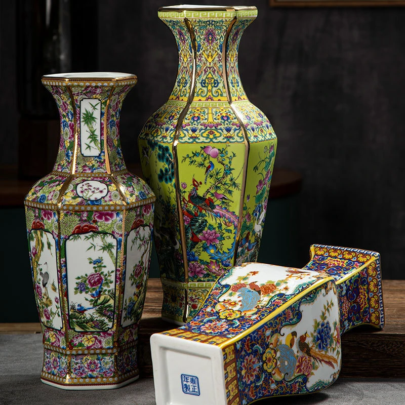 Vintage-Inspired Chinese Porcelain Vase Floral Design Hexagonal Plant Pot Living Room Vase Ornaments Home Decoration Gift