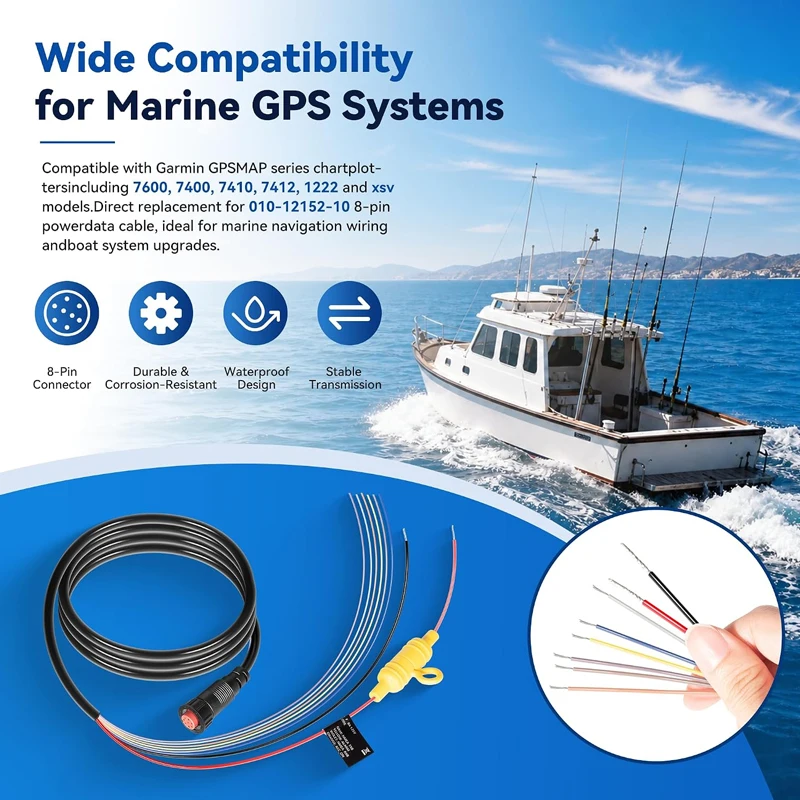 10-12152-10 8-Pin Boats Power/Data Cable Replacement Harness for Garmin GPSMAP Devices, 6ft Length, NMEA 0183 Support