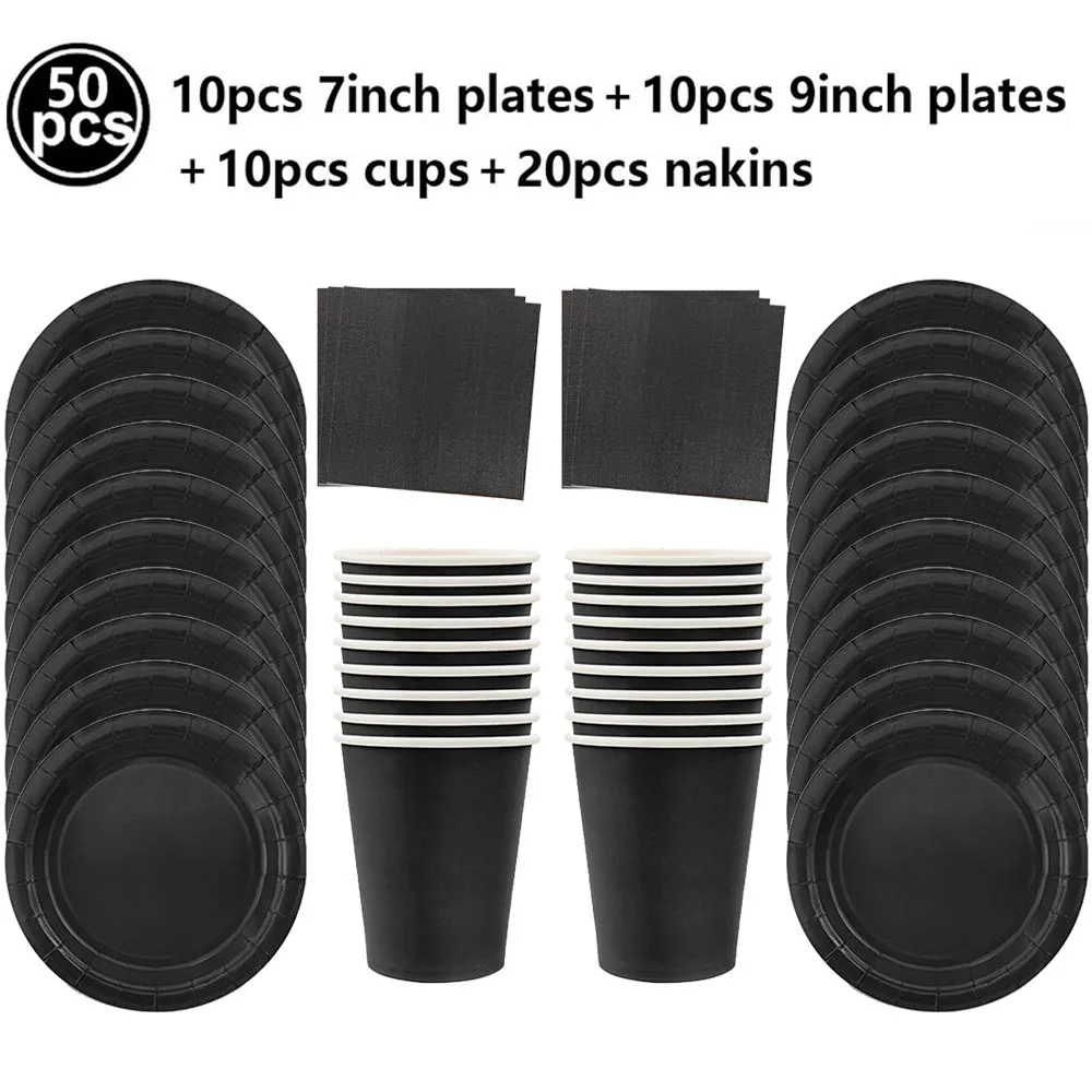 الصلبة الأسود موضوع أدوات المائدة القابل للتصرف حفلة عيد ميلاد الزفاف أدوات المائدة لوازم المناديل الورقية السوداء أكواب أطباق مفرش المائدة #4