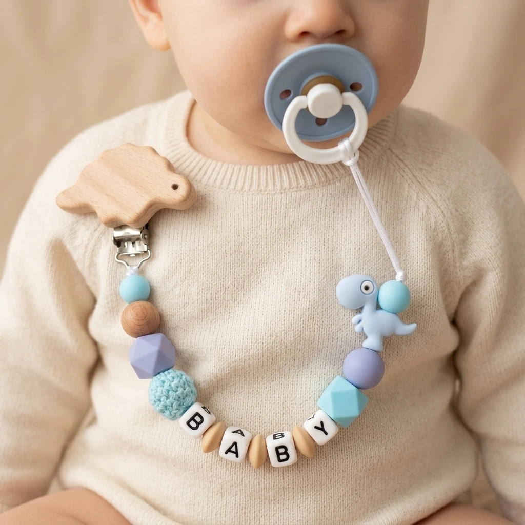 Personalized Pacifier Clip Custom Name Blue Dinosaur Silicone Teether BPA Free Handmade Baby Teething Chain Boy Gift