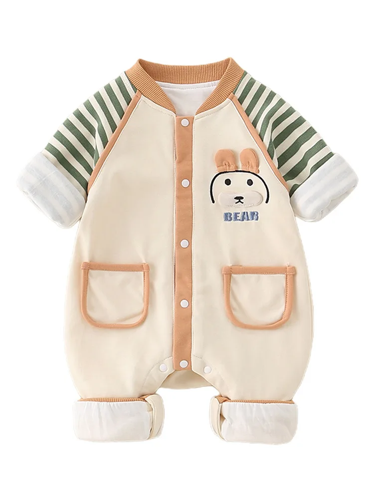 ชุดฤดูใบไม้ร่วง เสื้อแขนยาวสองชั้น กางเกงขายาวลายการ์ตูนเอวสูง ผ้าริ้ว น่ารัก สำหรับเด็กแรกเกิด  ใส่ได้หลายโอกาส