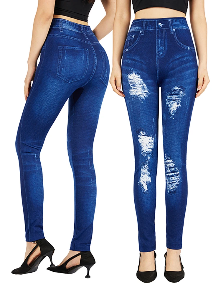 LJCUIYAO-Jeggings con estampado de cinco agujeros para mujer, Leggings de entrenamiento, pantalones de lápiz de mezclilla falsos, Sexy, ajustado, frontal