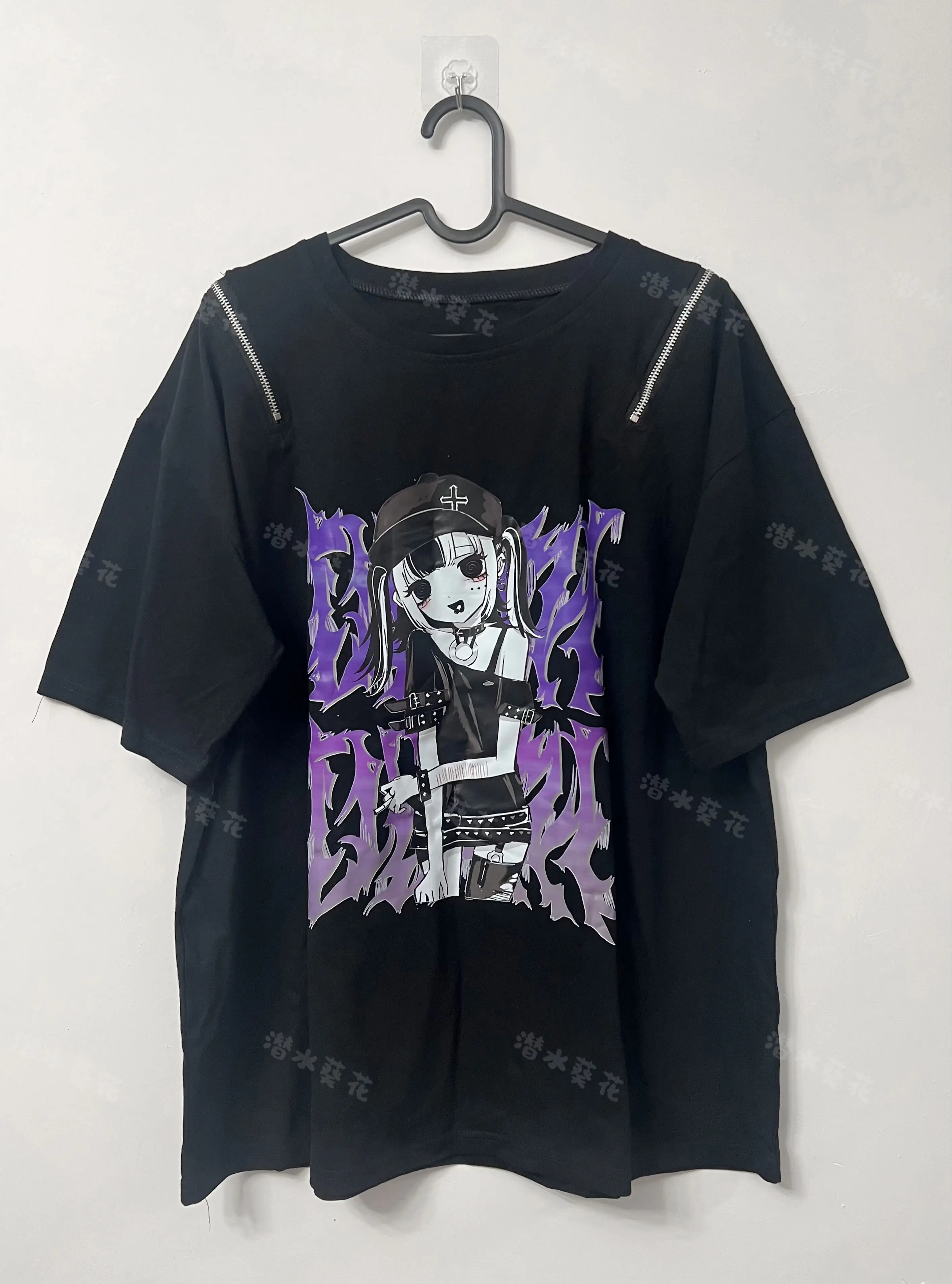 T-Shirt à épaules dénudées avec fermeture éclair originale, sous-culture d'été, ample, Slim, imprimé Anime, haut noir pour étudiant, Harajuku Y2k, vêtements