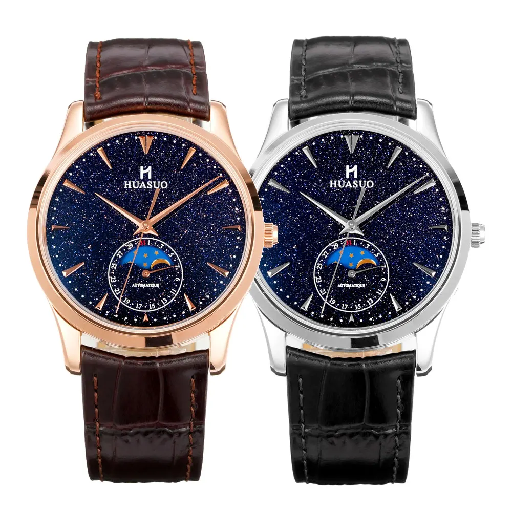 HUASUO 39mm Luxury Aventurine Moon Phase Men's Watches Miyota 9015 Custom Mechanical Movement 50m Waterproof Sapphire Crystal