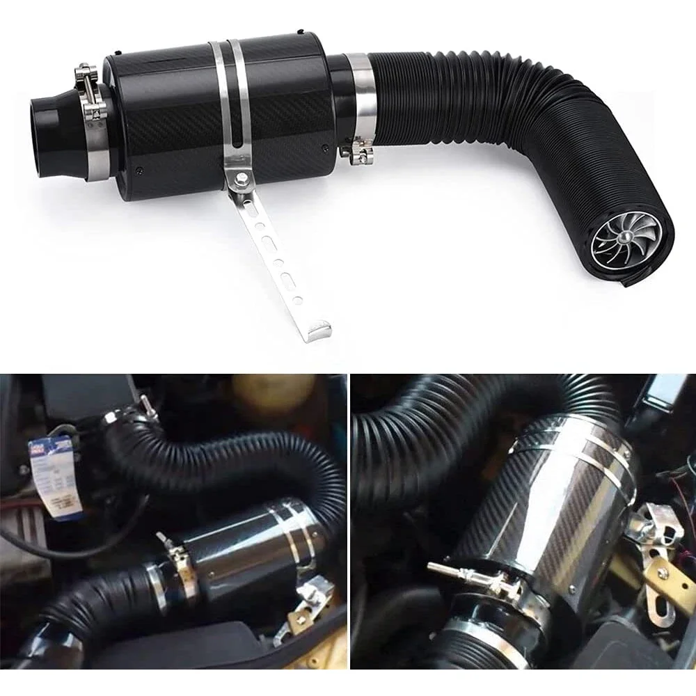 Universal Car Cold Air Intake Filter Kit 76mm Feed Enclosed Air Intake Induction Pipe Carbon Fibre Hose Kit Bellows Intake Hose