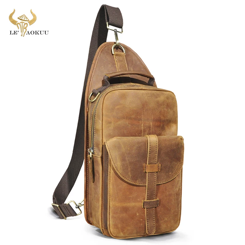 

Natural Crazy horse Leather Retro Multi-purpose Chest Pack Sling Bag Design Travel One Shoulder Bag Backpack For Men Male 8084