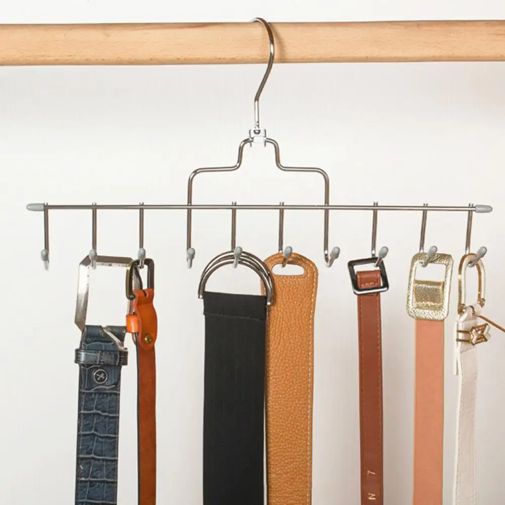 Tie Belt Hanger Belt Tie Organizer Stainless Steel Belt Hanger with 10 Hooks Anti-slip Load Bearing Tie Organizer for Wardrobe