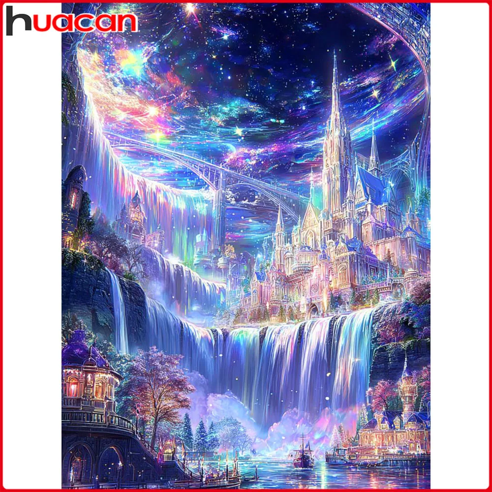Huacan 5D DIY Diamantmalerei Sternenhimmel Schloss Wasserfall Diamant-Mosaik Landschaft Neue Kollektion Dekorative Gemälde