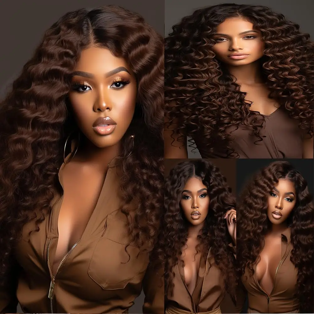 4# Human Hair Bundles Water Curly Human Hair Weave 1 3 4 Bundles Deal Remy Hair Extension for Black Women Chocolate Brown Color