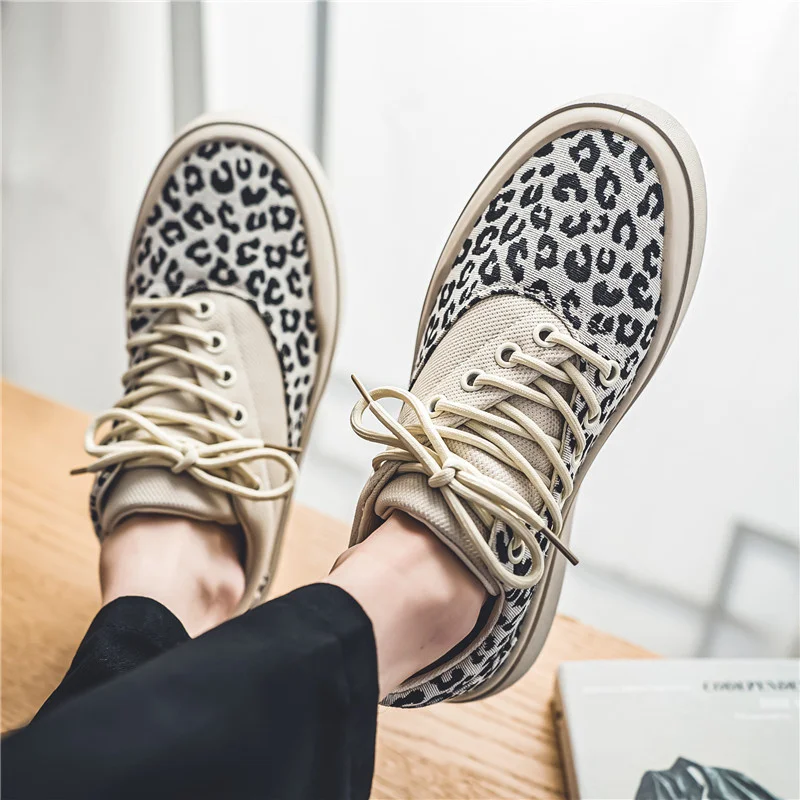 Fashion Trendy Leopard Platform Sneakers Men Chunky Canvas Shoes Men\'s Casual Sneaker Breathable Designer Skateboard Shoes Man