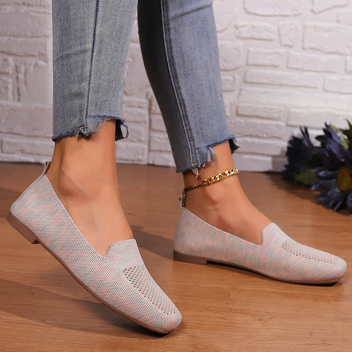 2024 Solid Color Square Toe Mesh Loafers Shallow Women Flats Shoes Soft Bottom Knit Ballet Flats Shoes Casual Slip on Boat Shoes