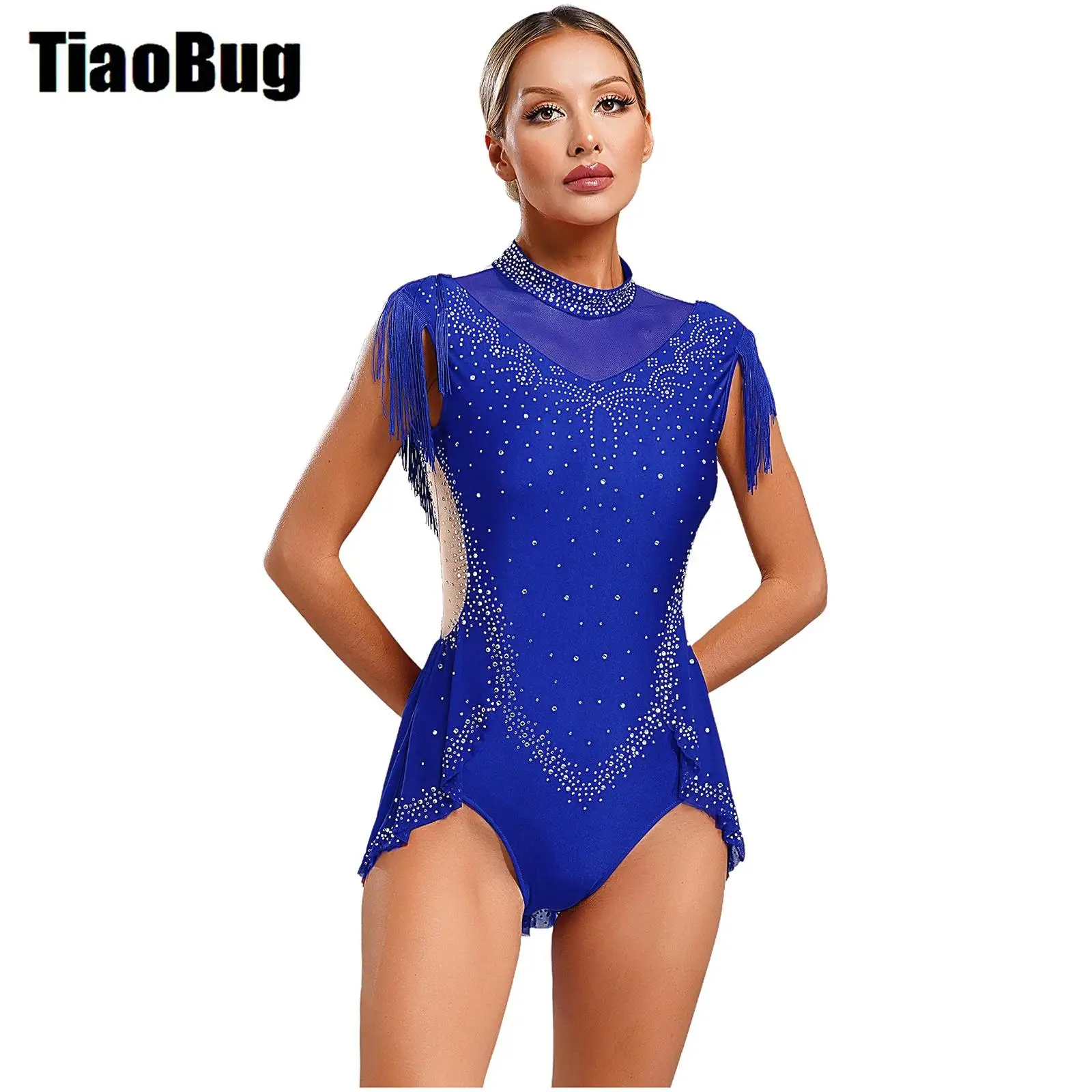 Womens Jazz Dance Leotard Skirted Sparkling Rhinestones Mock Neck Sleeveless Sheer Mesh Patchwork Tassel Bodysuit