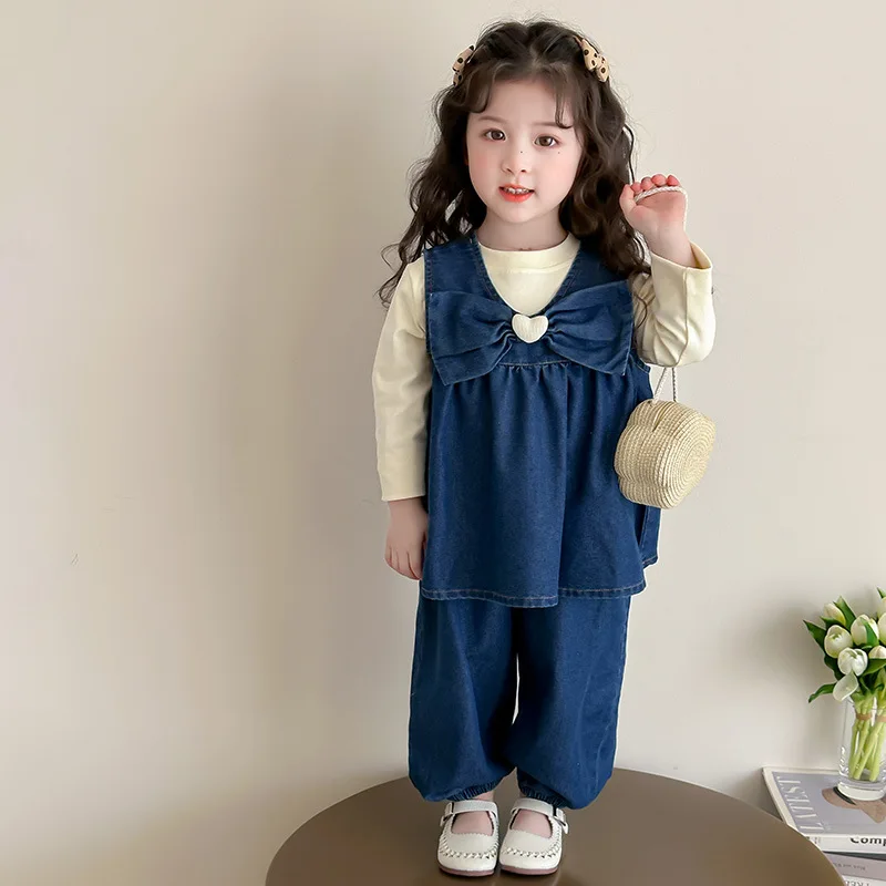 Girls Spring Suit 2025 New Children's Foreign Style Bow Love Baby Spring and Autumn Denim Three-piece Trendy