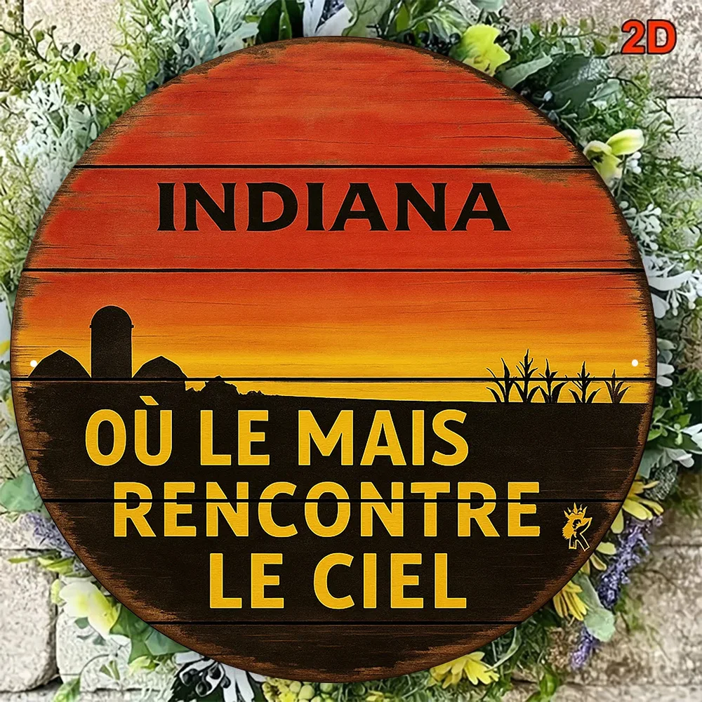 2D Flat, 1pc 8x8in/20x20cm 2D Flat Round Aluminum Sign, Vintage Aluminum Plaque Featuring an Indiana Cornfield Sunset, Decorativ