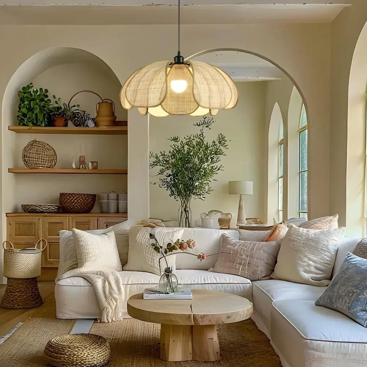 JOYINLED Wabi Sabi Bamboo Rattan Chandelier, 50cm E27 Hand-Woven Beige Boho Pendant Light for Dining Room Hotel Tea House Lamp