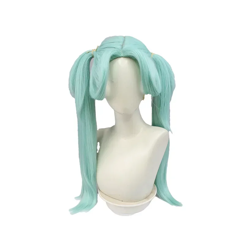 Anime cyberpunk edgerunners rebecca peruca cosplay longo ciano com rabo de cavalo duplo resistente ao calor perucas Becca + touca peruca