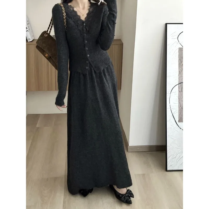 

Elegant Knitted Skirt Set Women's V-neck Lace Long Sleeves Long Skirt Suit Korean Cardigan Top Knitted Pleated A-line Dress Sets