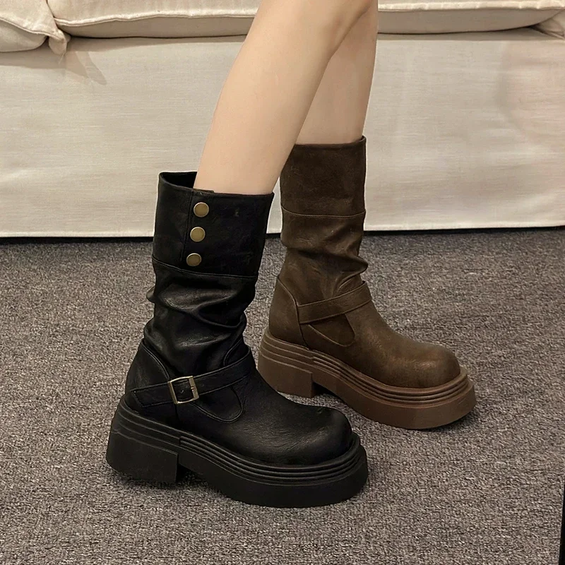 Vintage Short Plush Women Motorcycle Boots Fashion Platform Thick Heel Shoes Ladies Concise Short Botas De Mujer