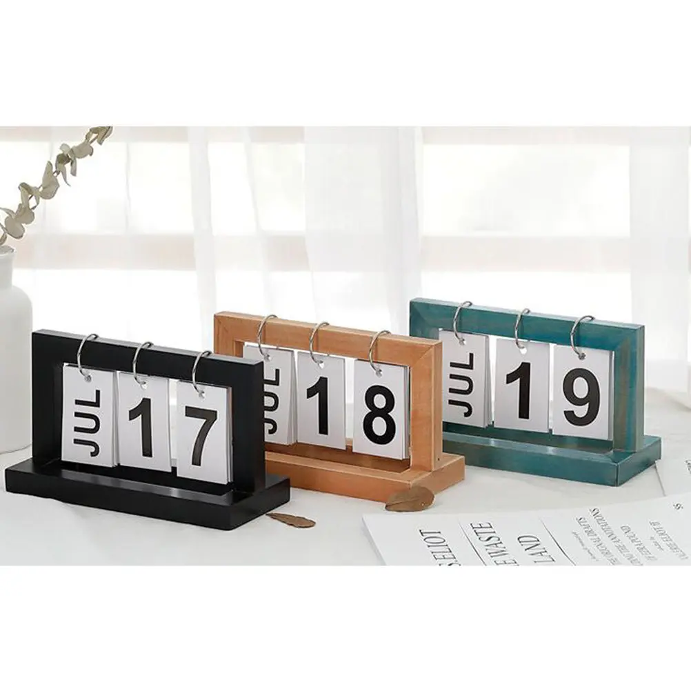 

Creative Wooden Page Turning Calendar for Home Office Desk Decor Premium Wood Bracket Brief Design Easy Manual Page Turning