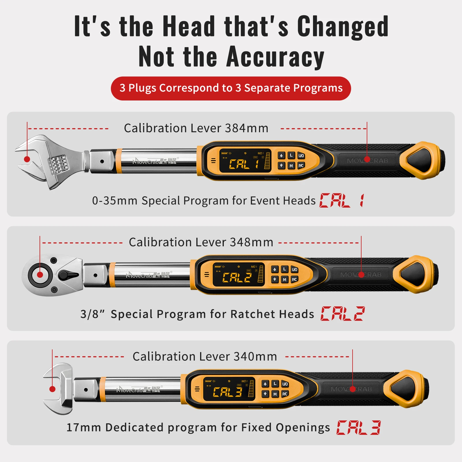 MoveCrab 3-in-1 Interchangeable Head Digital Torque Wrench ±2% Accuracy, Ratchet Flex Open Head for Automotive HVAC Repair
