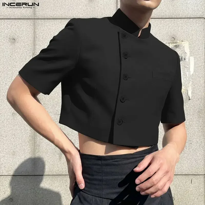 

INCERUN Men Shirt Solid Color Stand Collar Short Sleeve Button Male Crop Tops Streetwear 2026 Korean Style Fashion Men Clothing