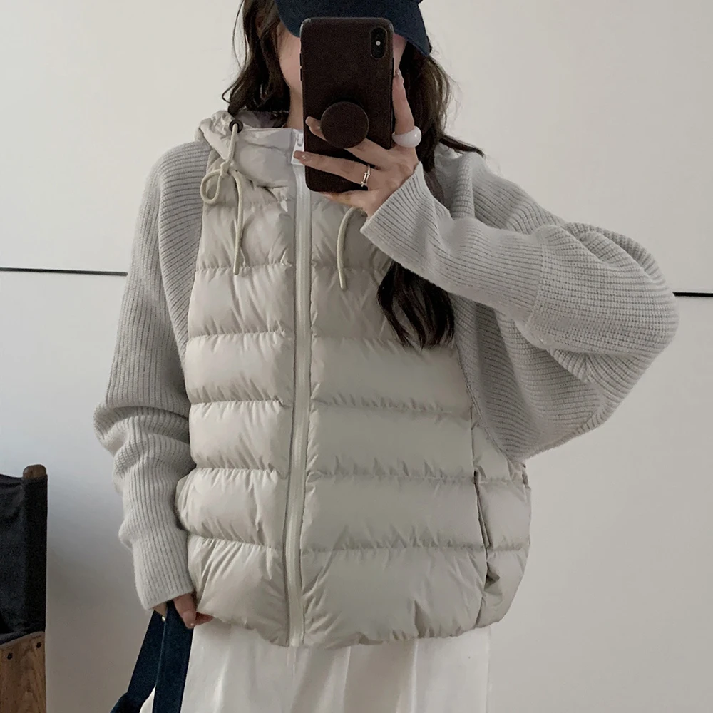 

Chic Knitted Long Sleeve Splicing Quilted Jacket Autumn Winter Solid Color Hooded Padded Coat Fashion Lightweight Cotton Clothes