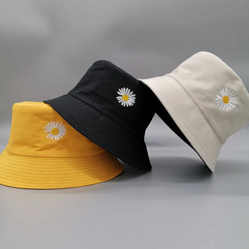 

Double-side Unisex Harajuku Bucket Hat Fishing Outdoor Cap women fishing Hats Sunscreen Daisy embroidery fisherman hat