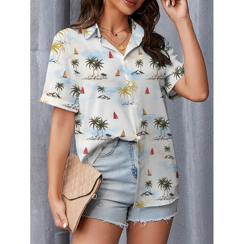 Women's Short Sleeve Lapel Shirt Tropical Print Palm Trees Sailboats Islands Summer Casual Seaside Vacation Skin-friendly Comfor