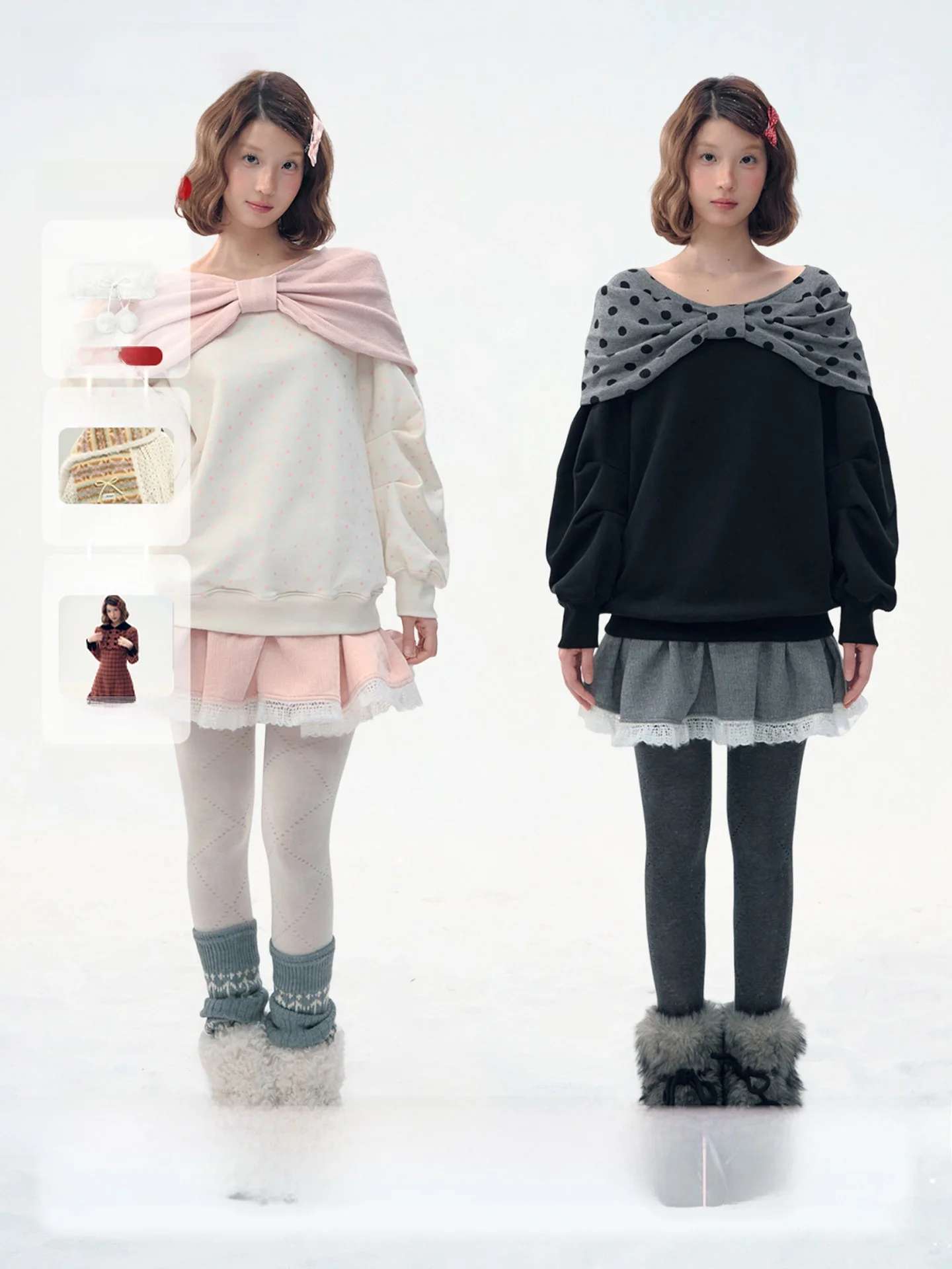 

Slimming Effect Knitted Sweatirt with Bowknot Design in Pastel Colors And Bla Polka Dot Pattern for Women Loose Fit