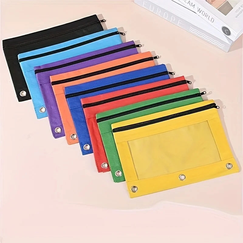 8Pcs Rainbow Binder Pencil Pouch, Oxford Cloth with Clear PVC Window, 3 Holes Zipper Stationery Bag, School Office Supplies Stor