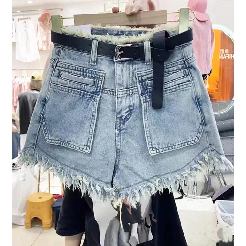 

Джинсовые шорты с высокой талией и широкими штанинами, свободного кроя, прямого силуэта, тонкие, летние, женские, с эффектом похудения, А-силуэт, модные шорты