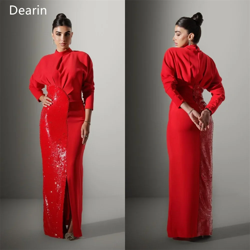 

Customized Women Formal Gown Prom Dearin High Collar Column Floor Length Skirts Vertically Ruffle Bespoke Occasion Dresses Eveni