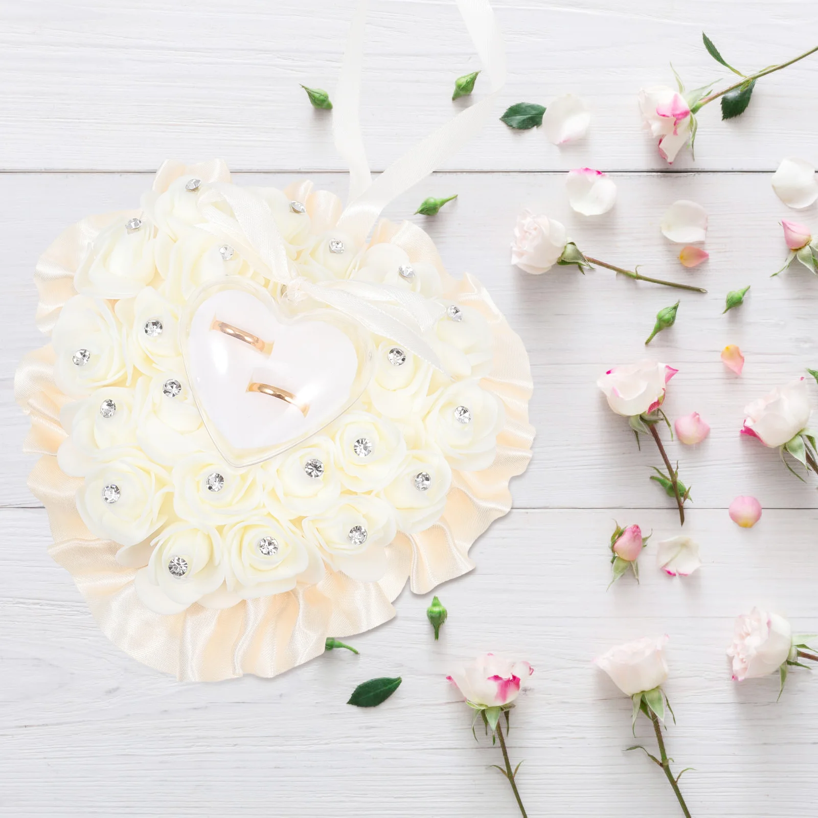 

Plastic Heart Shape Wedding Ring Holder Romantic Rhinestone Adornment Fake Flower Decoration Bridal Ring Pillow Case Ceremony