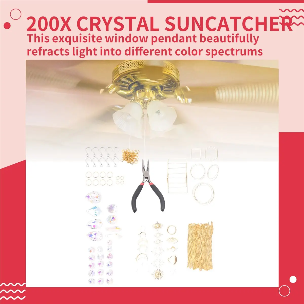 finefine 200 Pcs Crystal Suncatcher,Sun Catchers with Crystals,Craft Kits for Adults, with Rainbow Maker, Prism, Pendants Gold
