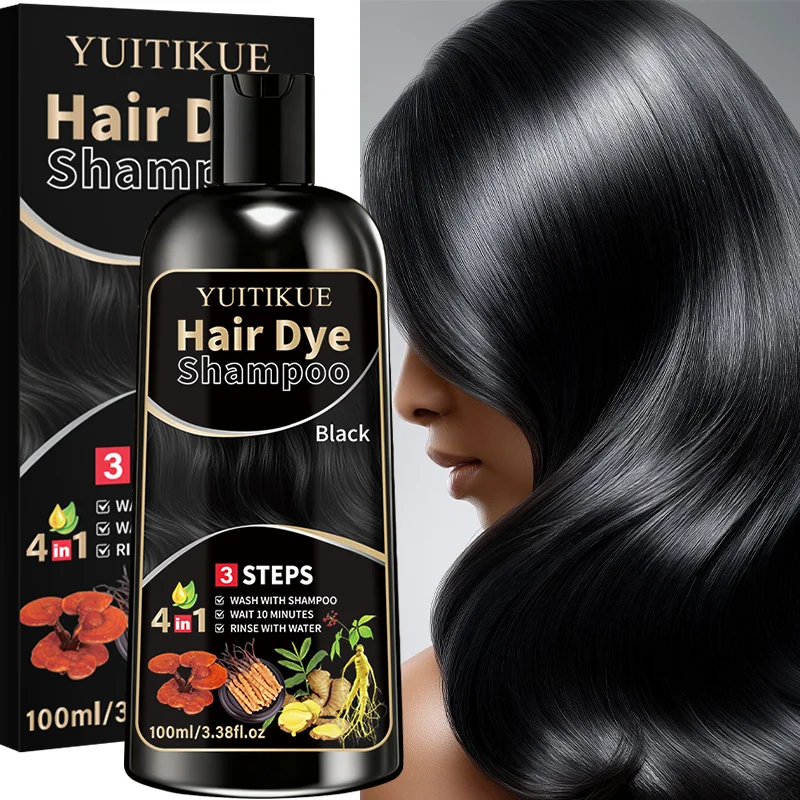 YUITIKUE Black Hair Dye Shampoo | 3 Steps Easy Dye, 4-in-1 Herbal Formula, Instant Gray Coverage 100ml