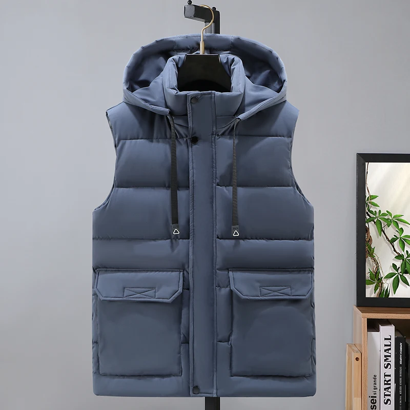 

Men's Down Cotton Vest with A Hooded Stand-up Collar Work Vest Sporty Casual and Warm Vest New Autumn and Winter Styles for Men