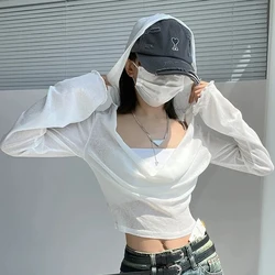See Through Jazz Long Sleeve Hoodie Women Sunproof High Street Simple Cropped Tops Blouse Fashion White Thin Swing Neck Pullover